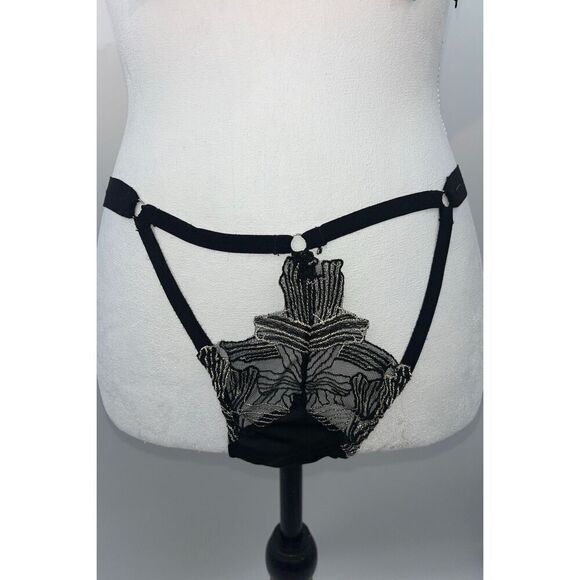 Black & Gold Embroidered Lingerie Set – Size Large – Sheer Lace & Mesh – Adjusta - Picture 7 of 12